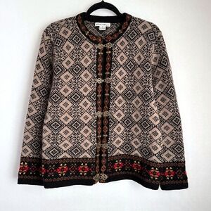 VTG Telluride Wool Fair‎ Isle Fall Cardigan Sweater Diamond Brown Metal Clasp